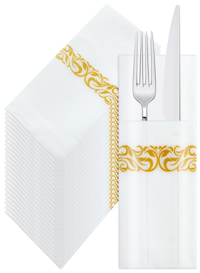 Lemecima 100 Pack White and Gold Napkins Disposable Linen Feel Dinner Napkins with Built-in Flatware Pocket Gold Trim Lined Pre Folded Napkins Cloth for Wedding Dinner Party Events - Image 1